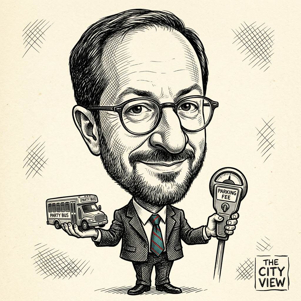 Editorial caricature of Nashville Mayor Freddie O'Connell holding a tiny party bus and a parking meter.